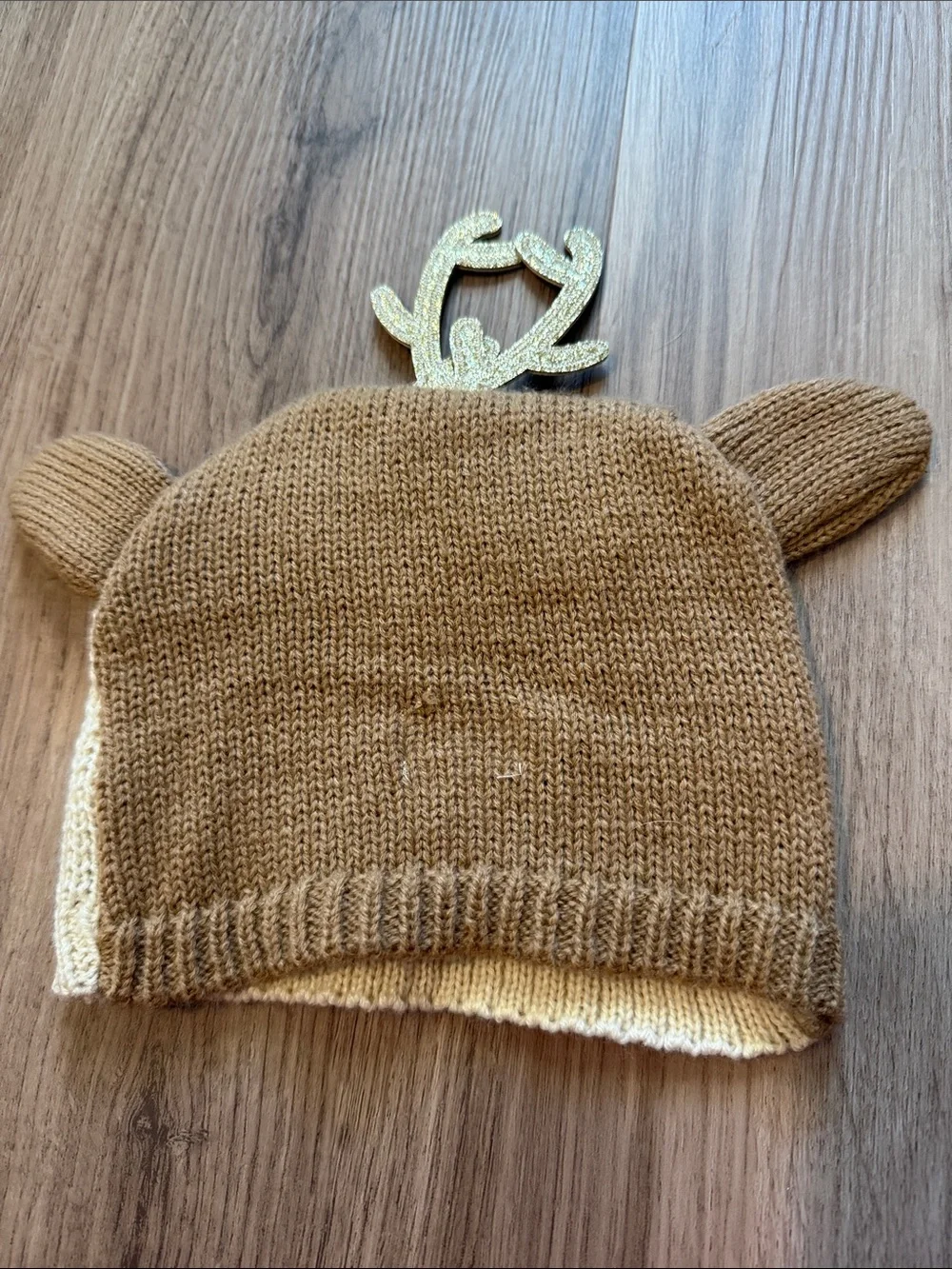 Mud Pie Brown Cream Pink Deer Knit Hat with Flowers and Gold Antlers